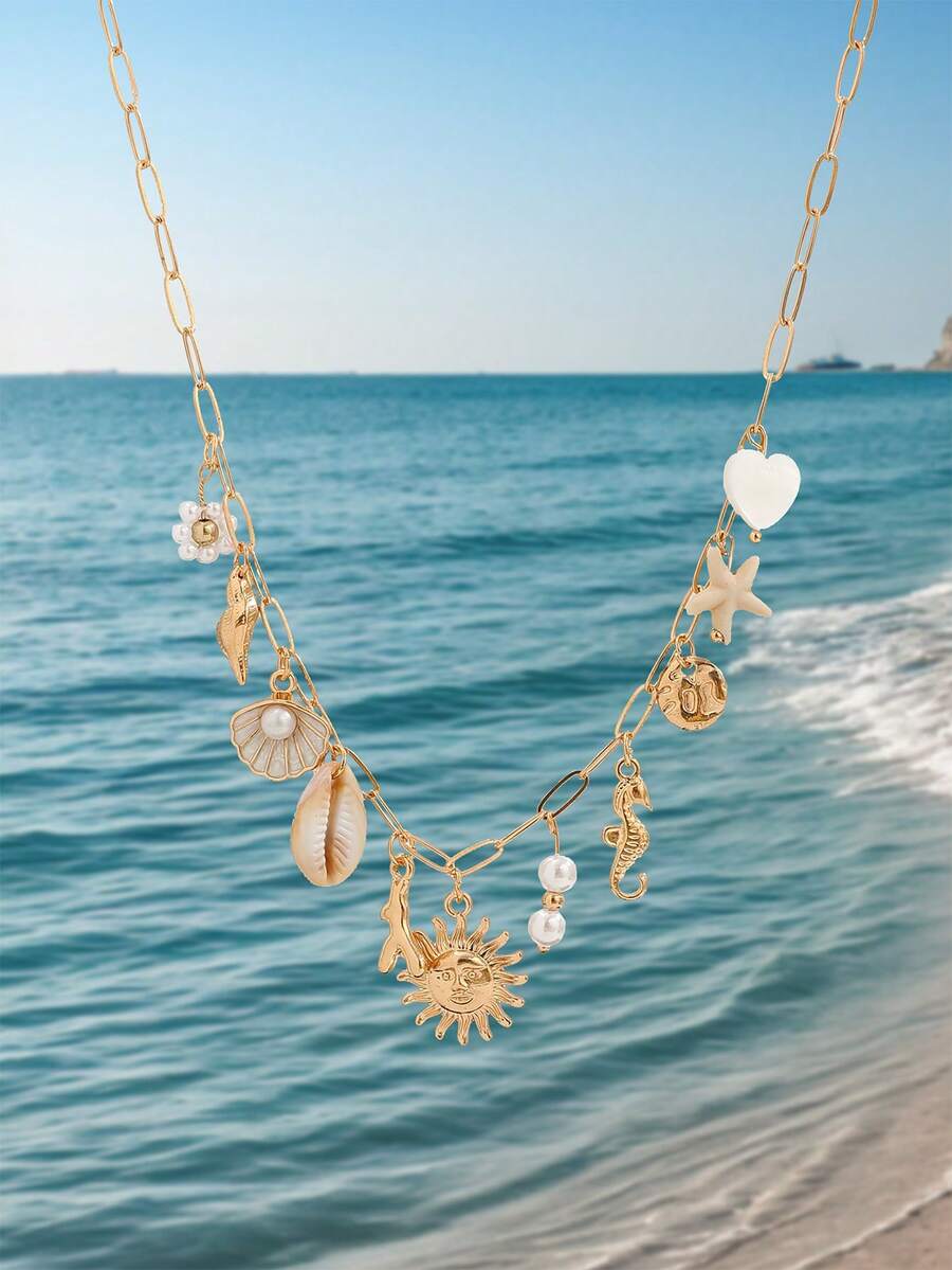 1件海洋主题仿珍珠花朵、贝壳、珊瑚、海星、心形不对称吊坠项链（女款） - 金色 - 查看 1