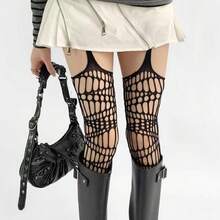 性感黑色网眼过膝长筒袜，玫瑰图案，Y2K美学透明长筒袜 - 彩色 - 查看 5