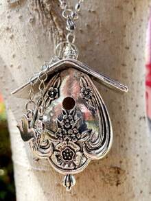 Unique Retro Boho Hollow Birdhouse Pendant Necklace For Women Beautiful Silvery Chain Necklace Jewelry Birthday Anniversary Gifts - Silver - View 2