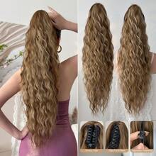 爪形马尾假发片，酒红色、黑色、棕色和粉色，26英寸水波纹耐热纤维合成马尾假发，适合女性圣诞节、万圣节派对和日常佩戴。 - Black-brown - 查看 8