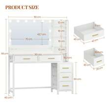 HaluPeit 110 Cm Dressing Table With LED Lights, Vanity Table With Large Mirror, 3 Light Colors, Adjustable Brightness, Makeup Desk, 5 Drawers, Open Compartments, White, Modern - 查看 7