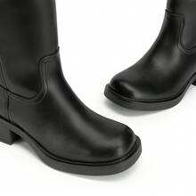 Womens Square Toe Chunky Block Heel Knee High Boots Banana Campus Boots For Women Casual Comfortable Low Heel Side Zipper Riding Tall Boots - 黑色 - 查看 6