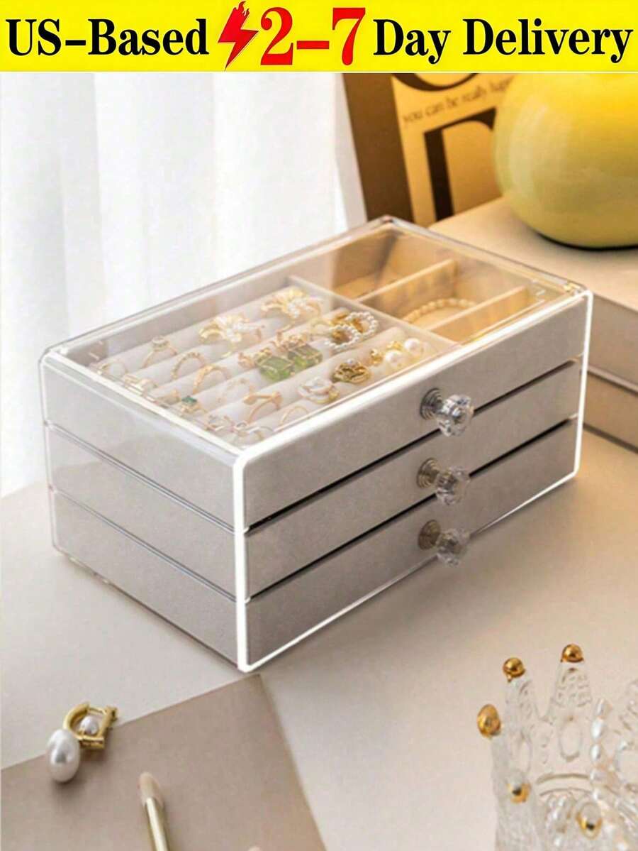 [Delivery Within 2-7 Days In The United States]1pc 3 Layers Clear Plastic & Velvet Drawers Jewelry Storage Box, Organizer For Rings, Necklaces, Bracelets, Earrings And Pendants, Elegant Display Stand With Crystal Shaped Knob, Deluxe Three-Layered Jewelry Manager - Spacious Storage For Earrings, Necklaces And Rings - High Quality Desktop Box With Aesthetics And Secure Compartments,Suitable For Women's Day Gifts, Christmas Gifts, Halloween Gifts, And Ladies' Gifts,For Holiday Beach, Bathroom Collection, Bedroom Collection, Large Capacity Travel Containers And Storage Dorm Room Essentials College Storage Basket Storage Containers Bathroom Makeup Brush Holder Vacation Essentials Perfect For Bedroom, Vanity Table, Closet, Gift For Girls, Women - 彩色 - 查看 1