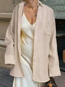 Look Polly 女士春夏 Y2K 条纹长袖衬衫，单排扣休闲时尚，沙滩装，口袋设计，返校季服装，复古风可爱教师衬衫，宽松纽扣衬衫，女士教师套装，大码沙滩衬衫，沙滩风，情人节女士时尚衬衫 - 卡其色 - 查看 8