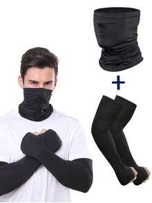 Bộ 1 món gồm ống tay và khẩu trang bằng lụa lạnh màu trơn, dùng cho cả nam và nữ, bảo vệ tay khỏi ánh nắng mặt trời mùa hè, khẩu trang bằng lụa lạnh chống nắng, găng tay dùng cho hoạt động ngoài trời như đạp xe, cắm trại, đa năng, mềm mại, thoáng khí, chống tia UV, thích hợp cho lễ hội. - Bộ - Xem 1