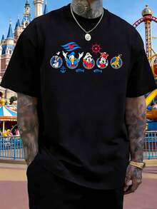 2026 Disney Cruise Commemorative T-Shirt, Featuring A Mickey Mouse Family Double-Sided Design, Men's Summer Crew Neck T-Shirt, Casual And Loose Fit, Unisex, Suitable For Everyday Wear, Outings, Commuting, And Parties. - 黑色 - 查看 2