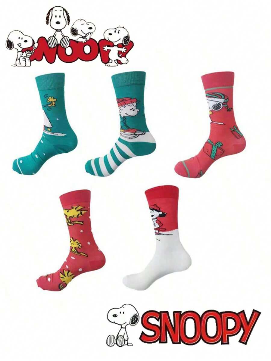 SNOOPY 1/3/5双装圣诞袜，男女通用成人中筒袜，可爱袜子，生日/圣诞礼物 - 彩色 - 查看 1