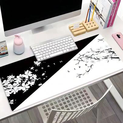 Cool Artistic Black-And-White Flowers Style Large Gaming Mouse Pad, Aesthetic Desktop Protective Pad, Washable Rubber Pad Non-Slip Lock Edge Multi-Size Mouse Pad Suitable For Home Office, Good Gift For Family And Friends