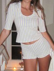 Women's 2 Piece Stripes Shorts Set Ruffle Trim Short Sleeve U Neck Crop Tops And Skinny Booty Shorts Sets Y2K Summer Beach Vacation Going Out Outfit - Light Blue - View 6