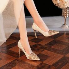 8777E-007 Pointed Toe Rhinestone Stiletto Satin Gold Edge High Heels Wedding Banquet Bride Bridesmaid Shoes Red Festive - 6.5 Vàng - Xem 5