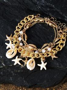 Opalesca 4 件套波西米亚贝壳、海星和仿珍珠装饰多层手链套装，适合女性海滩度假装、夏季配饰 - 金黃色 - 查看 3