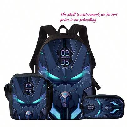 Bộ 3 balo in hình phong cách cơ khí - Balo du lịch nhẹ, túi đựng đồ đa năng và túi sắp xếp đồ dùng | Dây đeo vai có thể điều chỉnh, thiết kế thời trang, phù hợp cho thanh thiếu niên