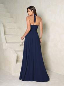 Glamrae Vestido de Elegante Longo Fluído Decote Gota Azul Marinho NM Nana Marie Madrinha de Casamento - Azul Marinho - Visão 3