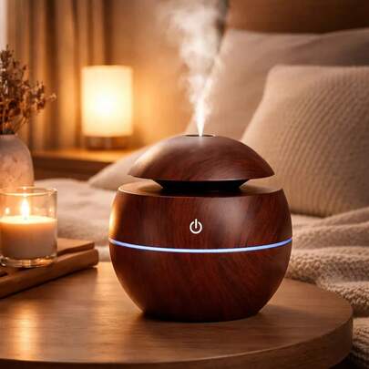 Humidificador Difusor de Aromas Ultrasónico Esfera Efecto Madera Luz LED USB Silencioso Portátil Purificador de Aire Aromaterapia Decoración Hogar Oficina Dormitorio Relajación