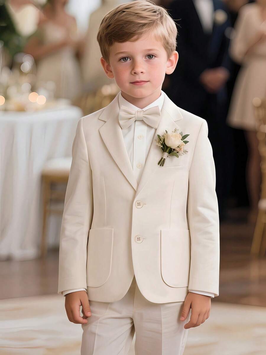 3pcs Boys Suit Set, Beige Blazer With Bowknot And Pants, Suitable For Birthday Party, Wedding And Other Formal Occasions, All Seasons - Beige - View 1