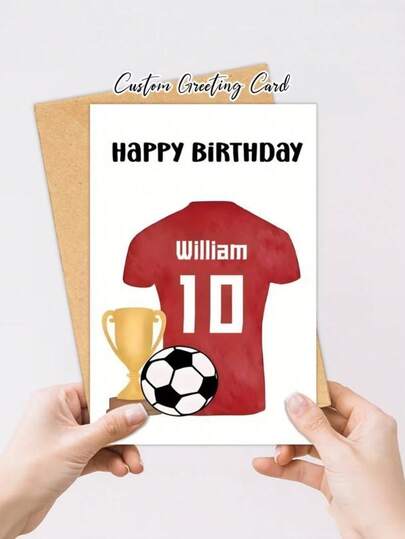 1/2/5/10/20/30pcs Customized Birthday Cards, Designed For Son, Brother, Best Friend Or Teacher, Humorous And Witty Cards Suitable For Him/Her - Personalized Football Birthday Card With Custom Name & Number Printed On Red Jersey, Trophy And Football Decor