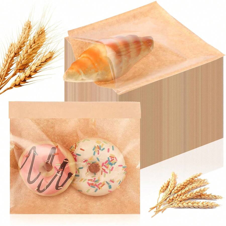 100pcs/Pack Window Heat Seal Cookie Packaging Bags, 7.1"X7.5" Baking Snack Bags Grease-Proof Kraft Paper Bags With Window, Suitable For Gifts, Donuts, Bread, Sandwiches - Multicolor - View 1