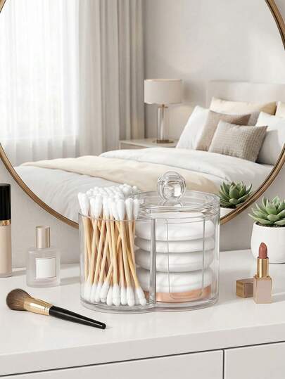Cotton Swab Holder Dispenser Dual-Compartment Cotton Organizer Clear Vanity Canister With Removable Dustproof Lid Bathroom Accessories Storage Organizer For Cottons Swabs Balls Pads Floss