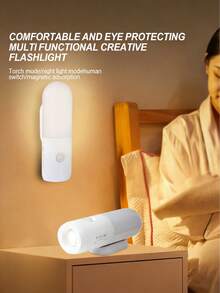 Lampe à détecteur de mouvement LED 3-en-1, avec fonction de détecteur de mouvement, lampe murale LED, lampe de chevet, lampe d'armoire, lampe de poche murale, veilleuse LED portable, avec câble de charge USB, 3 options de couleur, gradable, convient pour escaliers, couloir, chambre, salle de bain, cuisine, pièce, salle de bain, porche, table de chevet, bureau, armoire - Multicolore - Voir 4