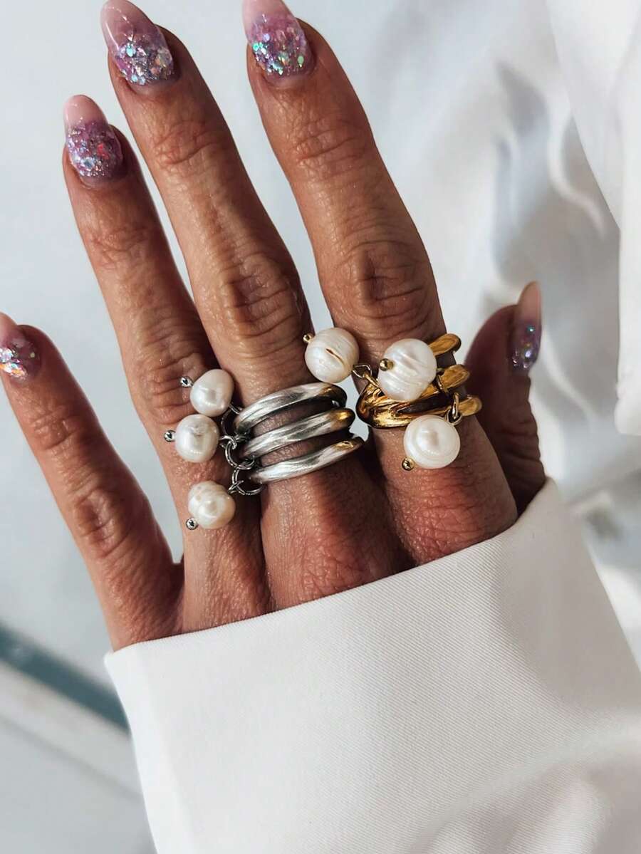 Bộ 2 chiếc nhẫn bản lớn kiểu cổ điển đính ngọc trai dành cho nữ. - Nhiều màu - Xem 1