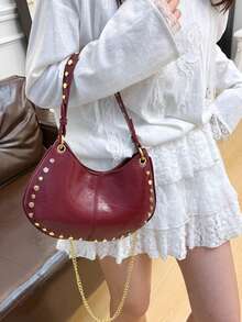 Punk Street Style Rivet Adjustable One Shoulder Crossbody Saddle Bag For Women - Burgundy - View 5