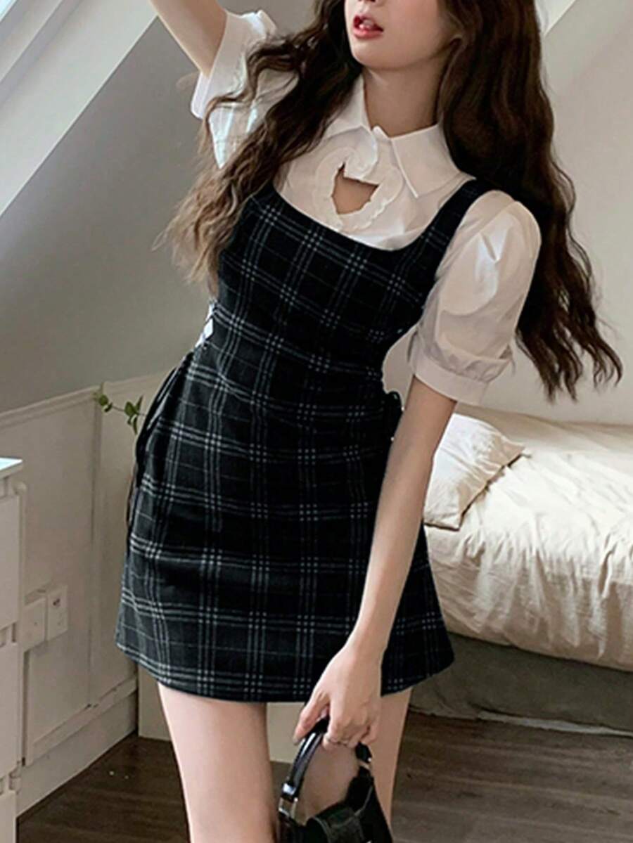 YCYC 韓式風格女款無袖格紋休閒百搭短洋裝,優雅設計 - 黑色 - 查看 1