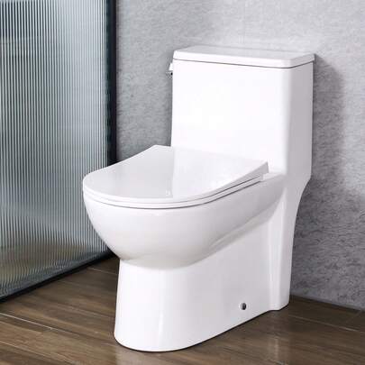 One-Piece Toilet, Elongated Toilet Vortex Left Flush 1.28 GPF, Toilets For Bathroom With Comfortable Chair Seat, Standard Height, Easy-Clean Skirted Design, 12 Inch Rough-In, White + Silver
