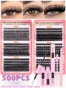 500片簇状假睫毛，浓密卷翘睫毛嫁接套装，D型卷翘，长度10-16毫米混合，DIY睫毛嫁接套装，蓬松柔软的单根睫毛，打造Y2K蝴蝶妆效，包含睫毛胶水、卸妆液和镊子，方便在家DIY - 黑色 - 查看 12