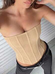 Áo corset định hình bằng vải lưới xuyên thấu có gọng, buộc dây phía trước, hở lưng, thích hợp mặc ngoài trời mùa hè. - Màu be - Xem 3