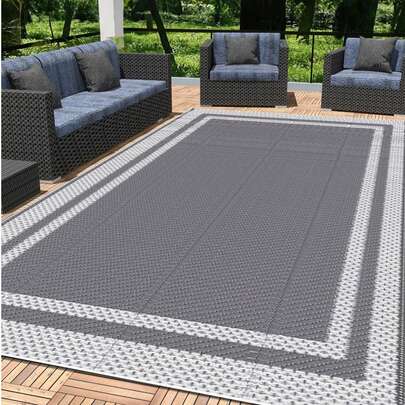 1pc Outdoor Rug, 6x9 Ft, Waterproof Area Rug For Patio, Foldable & Reversible Plastic Straw Mat For Travel Trailer, RV, Deck, Picnic, Porch, Camping, Balcony, Beach, Gray & White