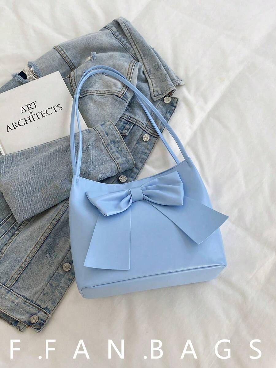 Túi đeo vai nữ dung tích lớn bằng da PU màu trơn trang trí nơ nhẹ thời trang, túi xách thanh lịch cho quý cô - Màu xanh lam - Xem 1