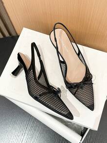 Xin Jing Shoes Women's Elegant Rhinestone Bow Mesh Sexy Fashion Net Yarn Strap Commuting Mid-Heel Shoes - Black - View 11