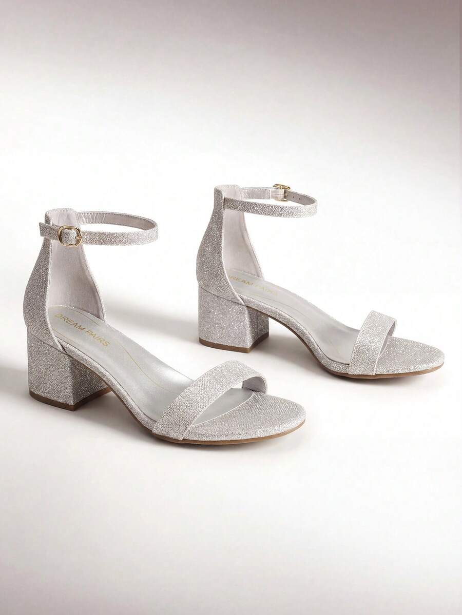 Women Chunky Low Heel Summer Sandals, Elegant Open Toe Ankle Strap Low Heeled Sandals For Causal And Wedding Party Wearing - 銀色 - 查看 1