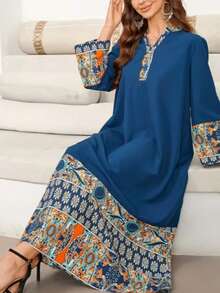 2026 Vestido largo tipo abaya de Dubái, el talla grande vendido en Oriente Medio, de manga ancha estilizante, longitud alargadora, estampado de patchwork con cuello en V suelto, manga acampanada talla grande, vestido largo elegante vintage azul, moda musulmana, adecuado para uso casual, fiesta, celebración de Eid, vestido chic popular para comercio transfronterizo - Multicolor - Ver 7