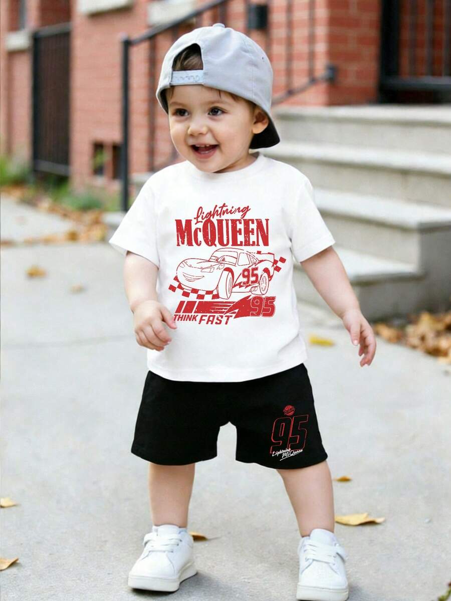 Disney Cars Lightning McQueen-95 Graphic Casual Short-Sleeved Crew Neck T-Shirt And Shorts Set For Boys And Girls, Perfect For Summer Wear. - 白色 - 查看 1
