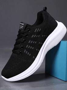 Zapatos Transpirables De Malla De Punto Ligero, Zapatillas Deportivas De Mujer Transpirables Zapatillas deportivas casuales para mujer malla transpirable ligeras suela gruesa alta cómodas - Negro - Ver 4