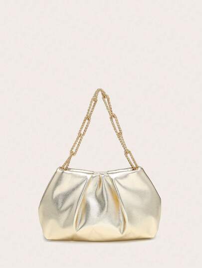 1pc Women's Shoulder Bag, Gold PU Material, Pleated Dumpling Shape Evening Bag, Suitable For Shopping, Traveling, Formal Events, Parties