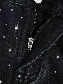 Women's Rhinestone Embellished Washed Straight Leg Denim Shorts - Black - View 6