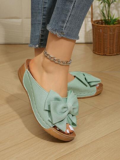 Summer New Girls Sweet Open Toe Slippers, Bowknot Decor Mint Green Suede Material Rubber Sole, Non-Slip Durable Soft Breathable No Rub, Essential For Daily Wear Indoor Outdoor Campus Party, Lightweight Easy To Wear Teenage Sandals, Versatile Princess Style Platform Slides