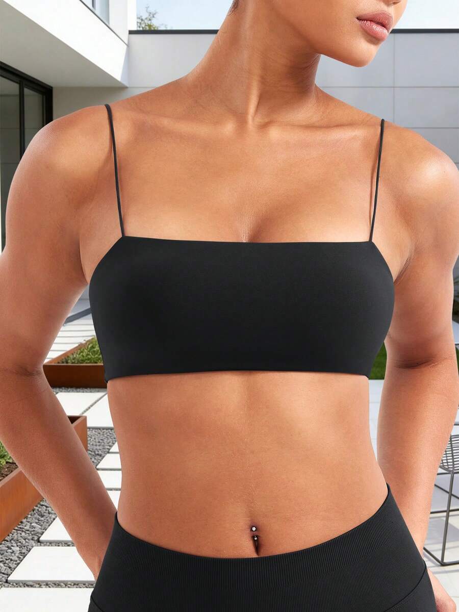 VOYJOY Women Spaghetti Strap Sports Bra Padded Low Support Seamless Impact Cami Square Neck Workout Yoga Bra Crop Top - 黑色 - 查看 1