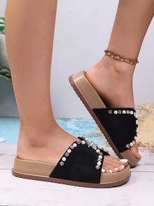 Women's Flat Sandals Slippers With Star Rhinestones, New Spring/Summer Fashion Casual Beach Vacation Shoes - Black - View 3