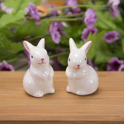 2pcs Cute Ceramic Rabbit Figurines, Home Decor Miniature Ornaments For Potted Plants, Bonsai, Landscape