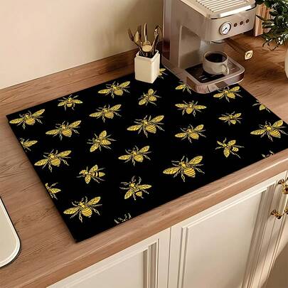 1pc Absorbent Drying Mat, Bee Pattern, Kitchen Decor, Coffee Machine Mat, Handmade Coffee Pot Draining Pad, Kitchen Floor Mat, Dining Table Mat, Kitchen Counter Dish Drying Mat, Breakfast Mat, Heat-Resistant Anti-Slip Draining Mat, Diatomite Draining Mat, Hides Stains, Super Absorbent Kitchen Mat, Easy To Clean Dish Rack Mat, Suitable For Kitchen, Dining Table, Coffee Shop, Bar, Holidays, Parties, Home Decor, Holiday Gifts