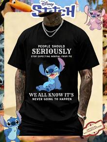 Disney Official Licensed Lilo & Stitch Stitch Stop Expecting Normal Funny Quote Print 220g Cotton Crew Neck Unisex Tee - màu đen - Xem 1