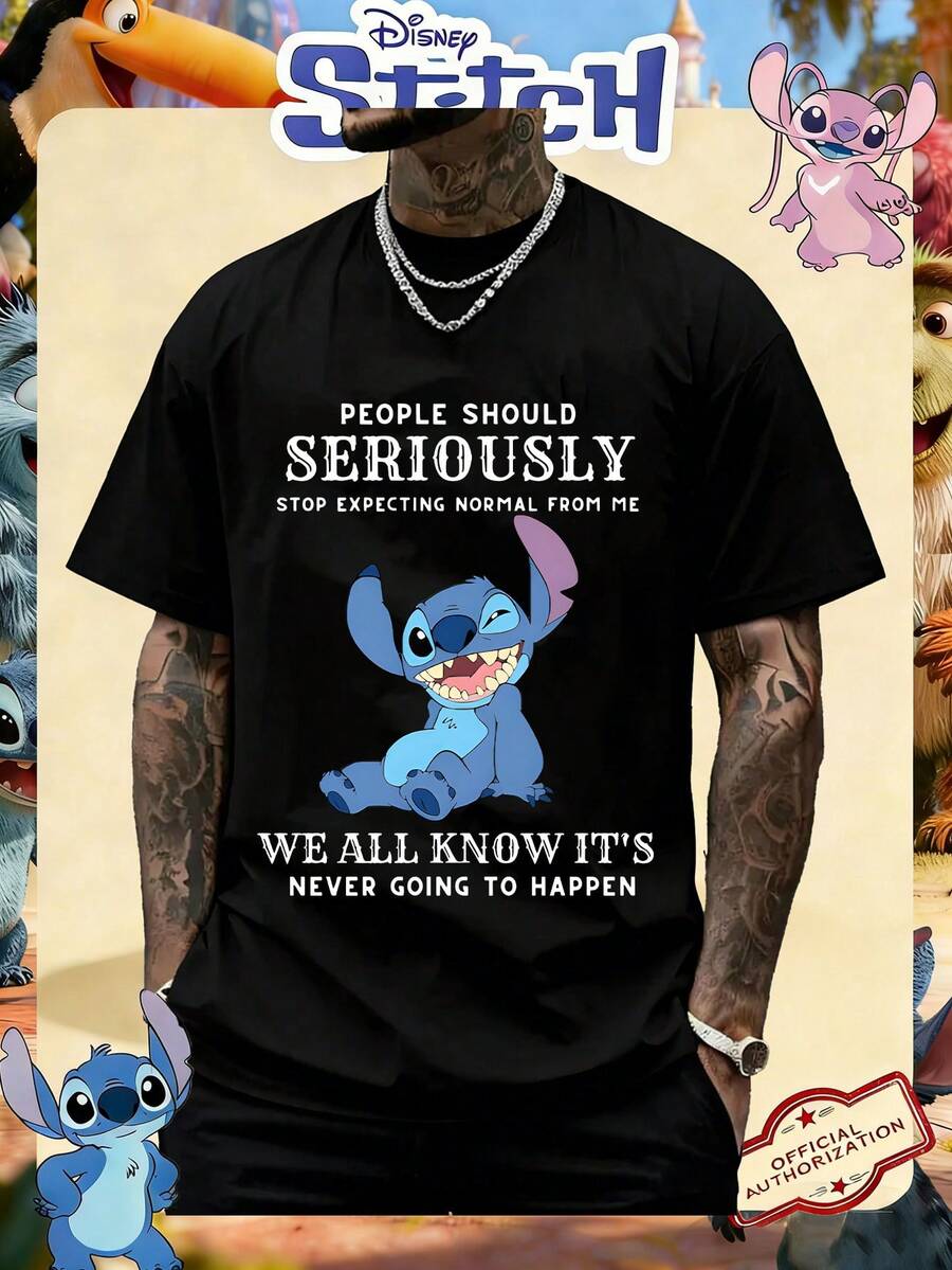 Disney Official Licensed Lilo & Stitch Stitch Stop Expecting Normal Funny Quote Print 220g Cotton Crew Neck Unisex Tee - màu đen - Xem 1