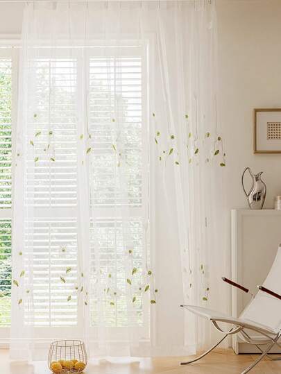 1件现代简约欧式白色玉兰花刺绣薄纱窗帘，适用于飘窗、卧室、阳台