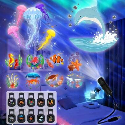 一套包含3/6/10个USB迷你海洋投影灯，LED装饰灯，图案包括水母、小丑鱼、章鱼、海龟、海马、鲨鱼、海豚、海星、贝壳、螃蟹和鳗鱼。非常适合装饰卧室和房间，营造活泼童趣的氛围——是理想的礼物之选。