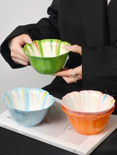 4件套彩色花瓣陶瓷碗，早餐燕麦碗，优雅零食碗，高品质乔迁礼物，适用于厨房、客厅、餐厅，节日礼物