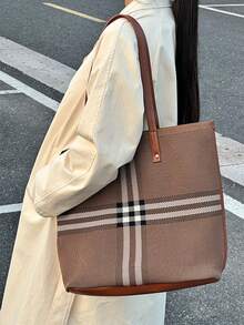 2026 New Large Capacity Tote Bag, Casual Versatile Shoulder Bag, Woven Striped Shopping Bag, Women Commuter Handbag - Brown - View 6
