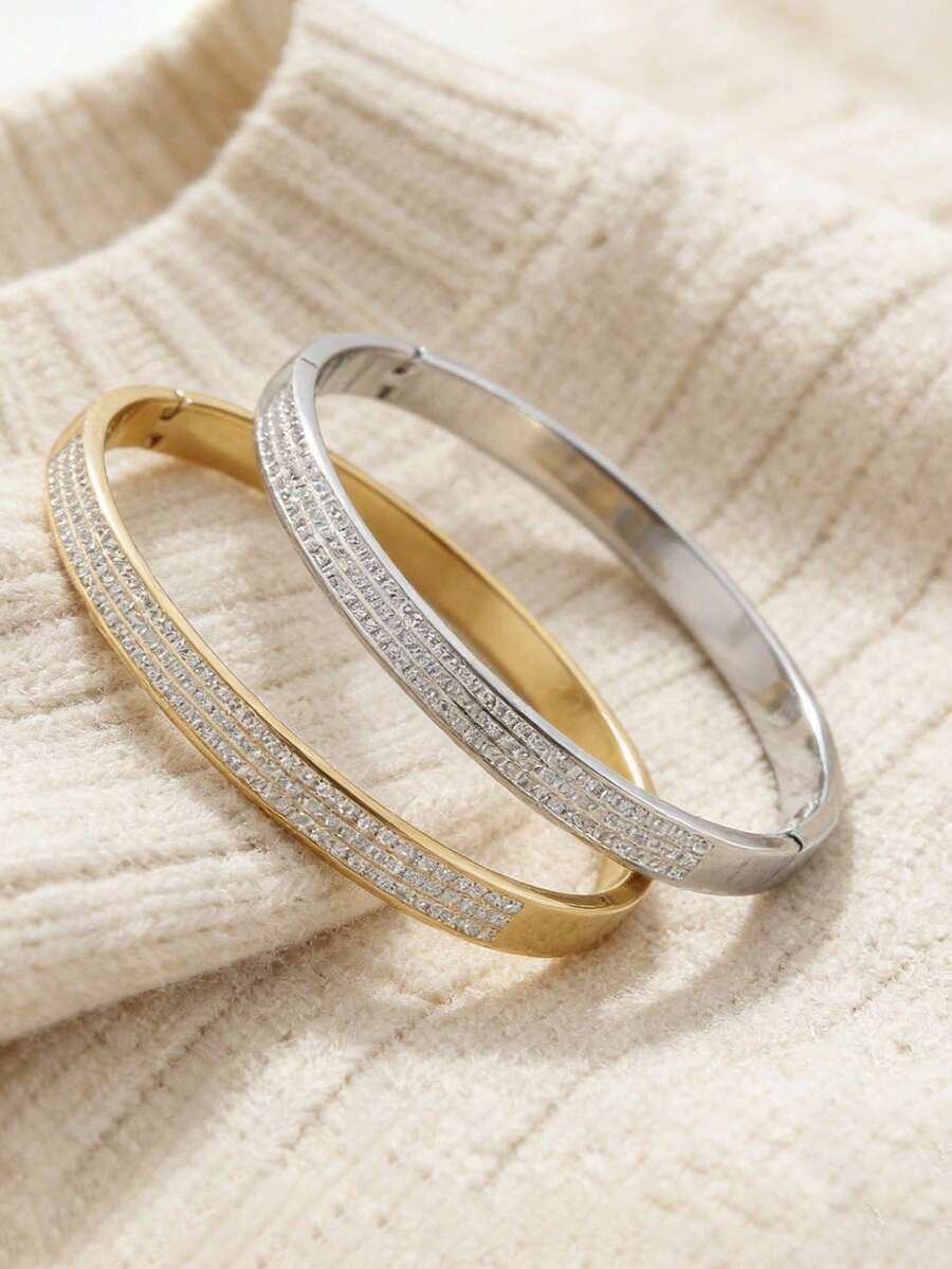 1件简约不锈钢女士手链，镶嵌闪亮锆石，奢华半永恒手链，珠宝礼品 - 手鐲 - 查看 1